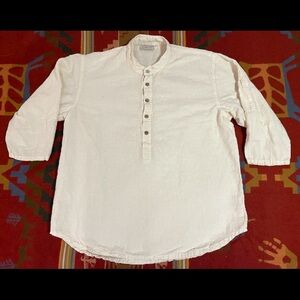 Vintage Mix Studio Shirt Men Med Cotton Linen Henley Cream Mandarin Collar Wood